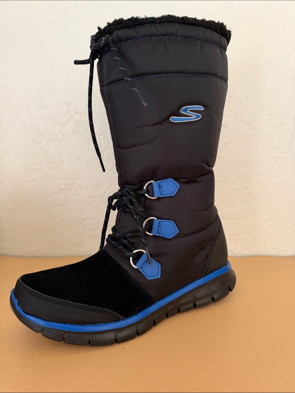 Skechers Black Winter Boots with Blue Trim